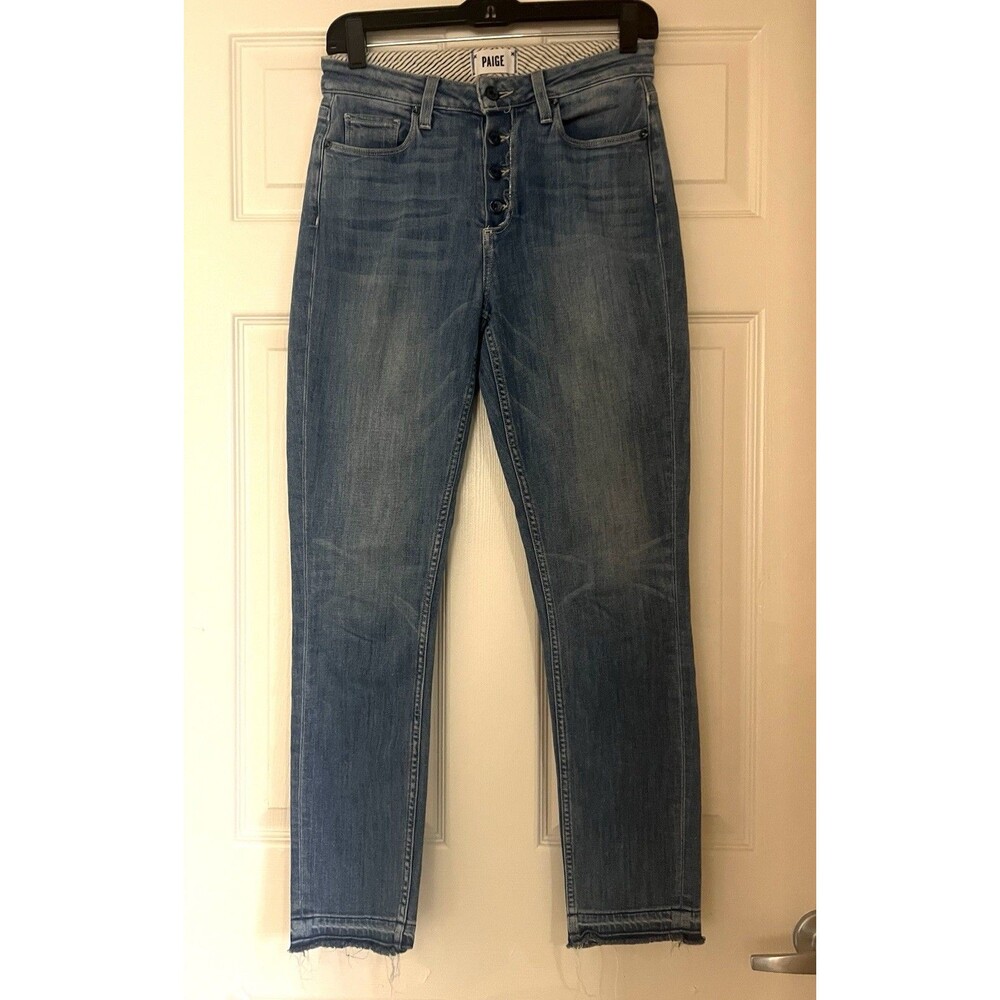 PAIGE Carter Slim Jeans Button Fly Raw Hem Stretch Denim Blue 26 Inseam 28